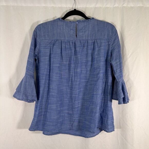 Loft Blouse Women's Small Blue White Crochet 3/4 Bell Sleeve Round Neck Cotton - Picture 9 of 11